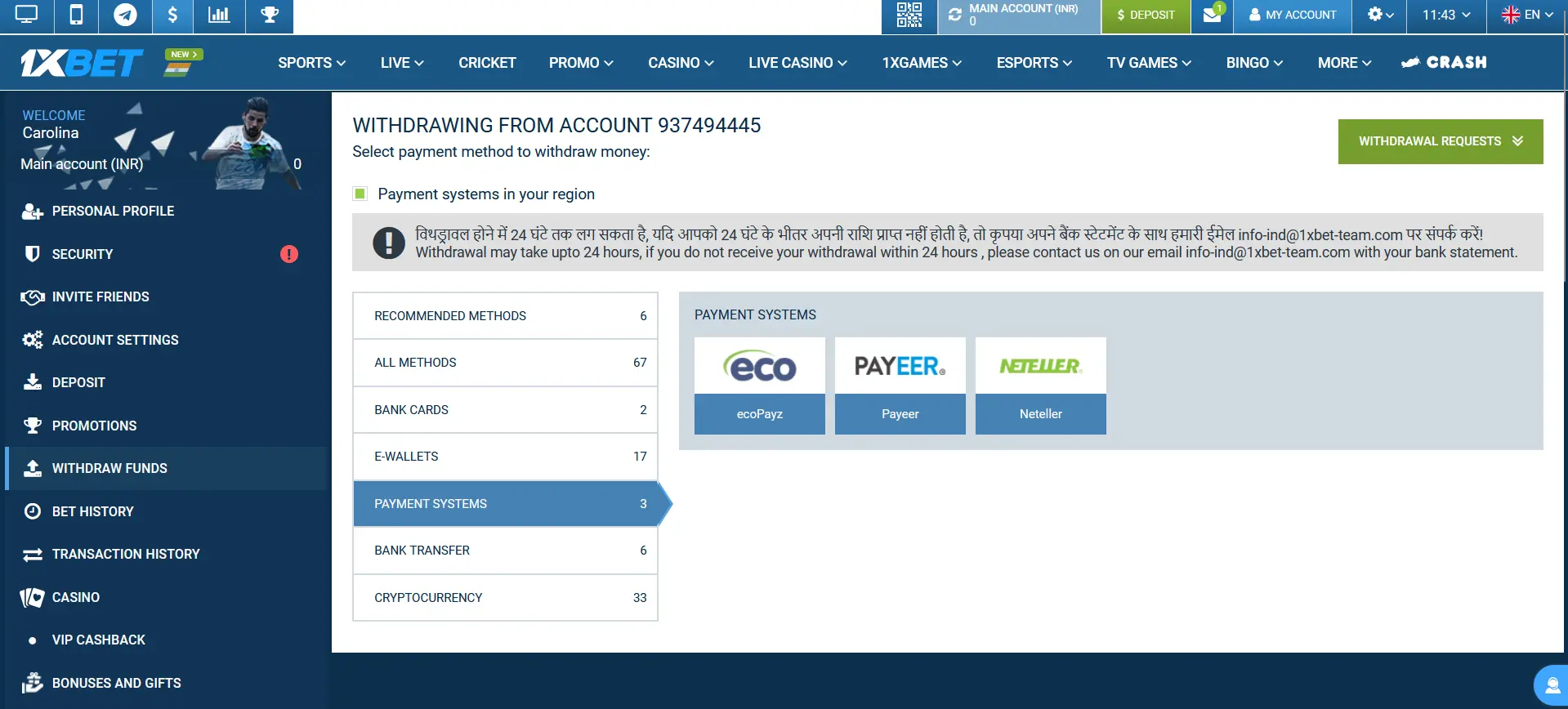 Payment systems in 1xBet