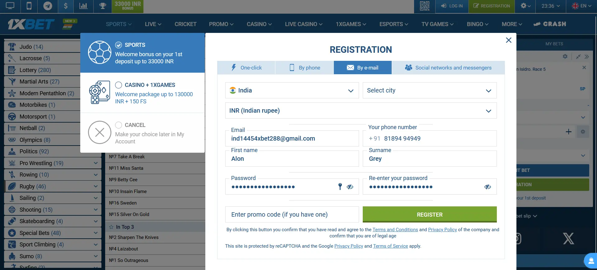 Registration by E-mail in 1xBet India Registration by E-mail in 1xBet India