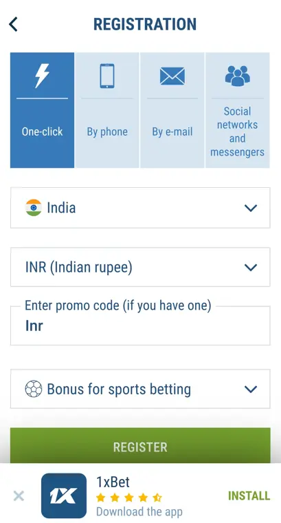 Registration in 1xBet mobile app Registration in 1xBet mobile app