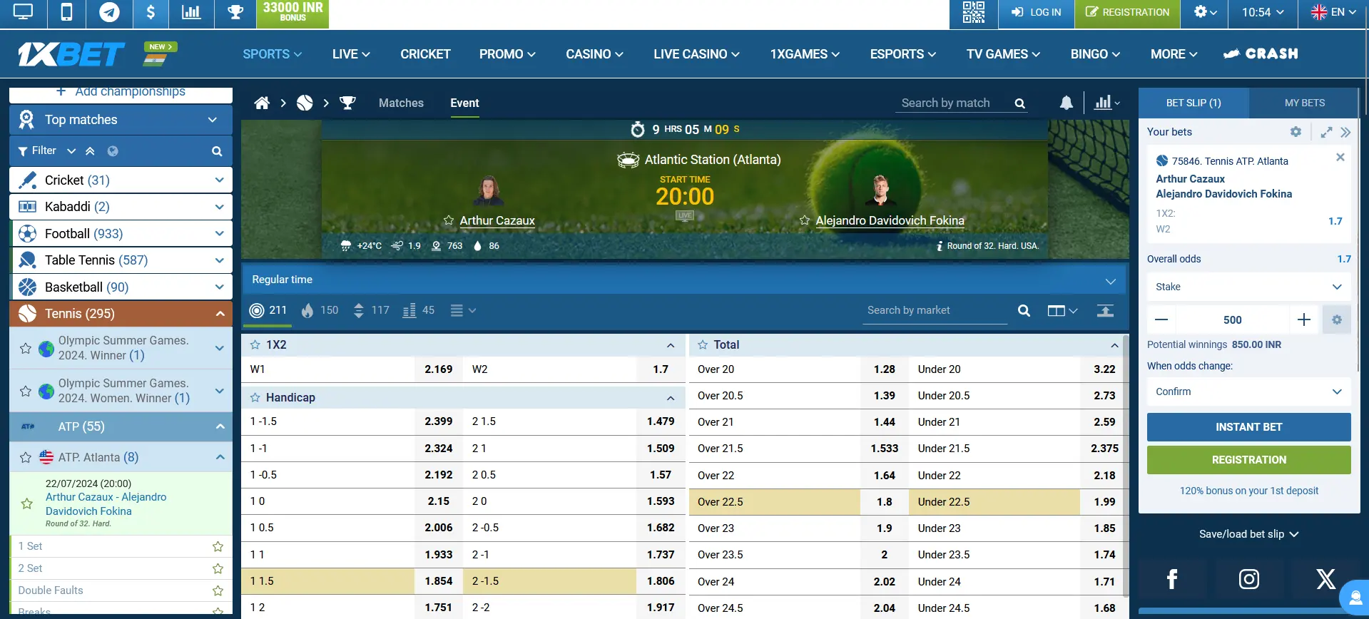 Tennis betting in 1xBet