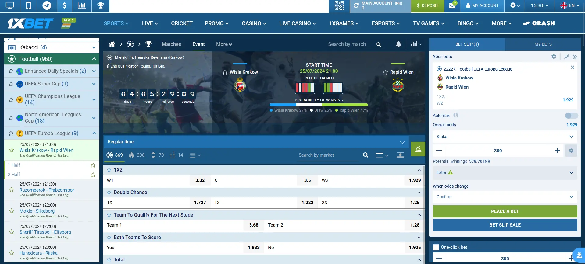 Types of football bets available at 1xBet in India