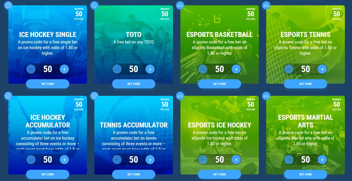 Available promo codes in 1xBet promo code showcase